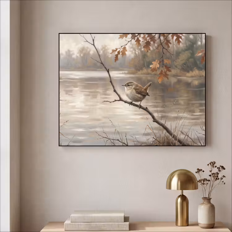 Winterkoninkje - Tak - Rivier - Natuur - Sfeervol Textielframe zwart klein -sfeer2