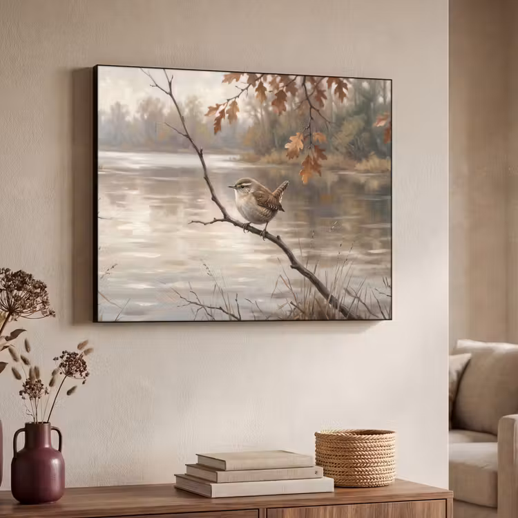 Winterkoninkje - Tak - Rivier - Natuur - Sfeervol Textielframe zwart klein -sfeer3