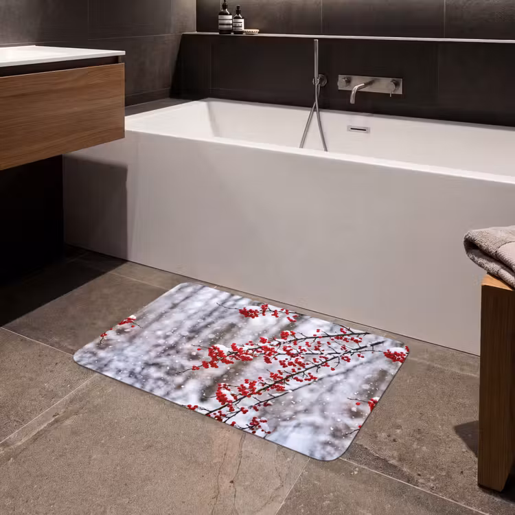 Bessen - Takken - Sneeuw - Winter - Kleurrijk Badmat middel -sfeer3