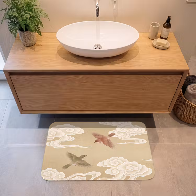 Vogels - Vliegen - Beige Badmat middel -sfeer1