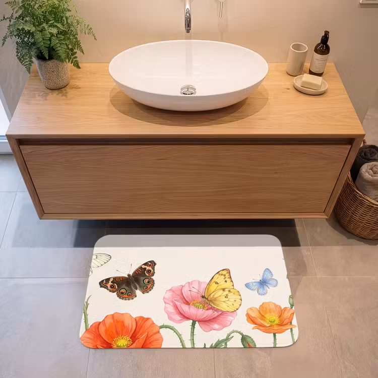 Vlinders - Klaprozen - Illustratie - Kleurrijk Badmat klein -sfeer1