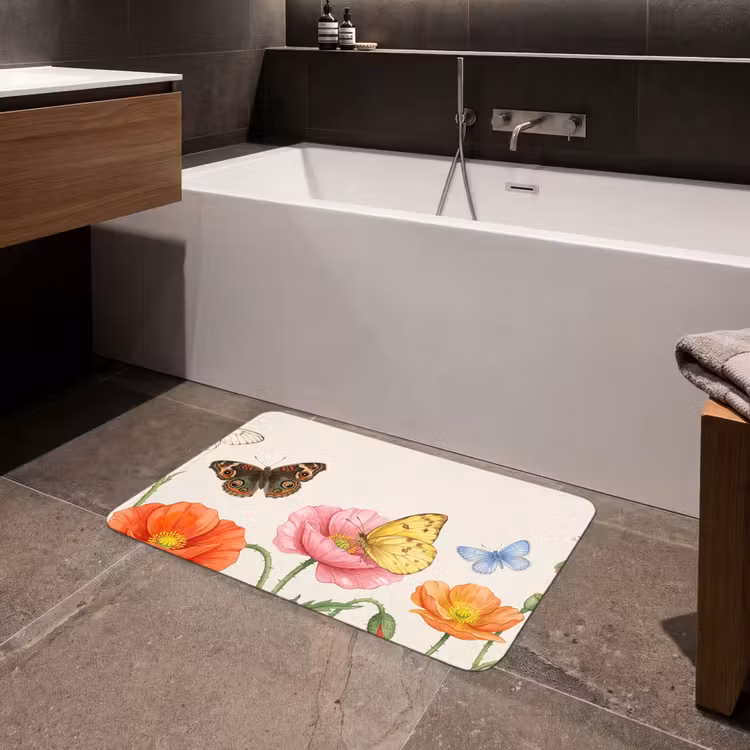 Vlinders - Klaprozen - Illustratie - Kleurrijk Badmat klein -sfeer3