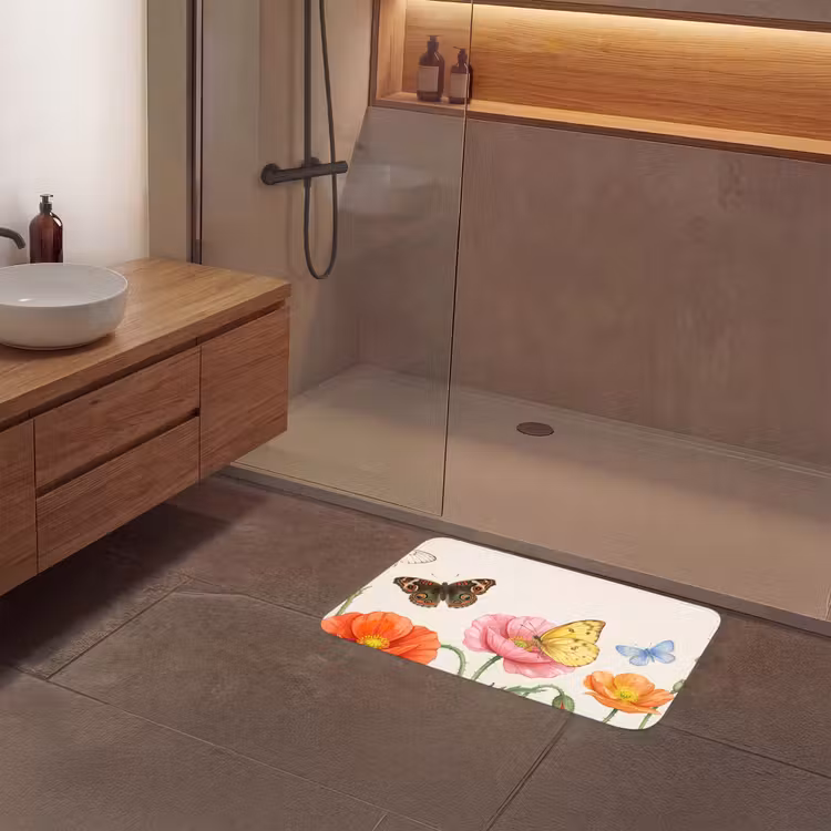 Vlinders - Klaprozen - Illustratie - Kleurrijk Badmat klein -sfeer2