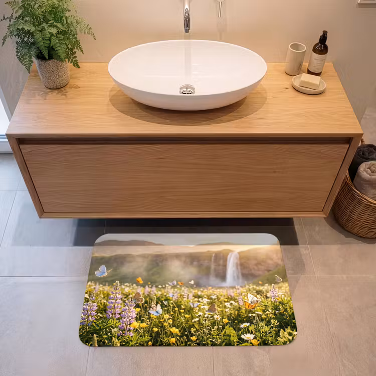 Vlinders - Waterval - Bloemenveld Badmat middel -sfeer1