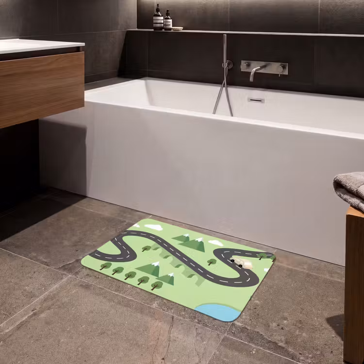 Auto - Bergweg - Natuur - Illustratie Badmat klein -sfeer3