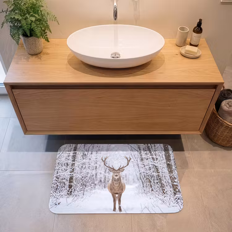 Hert - Winter - Bos - Natuur - Wit Badmat middel -sfeer1