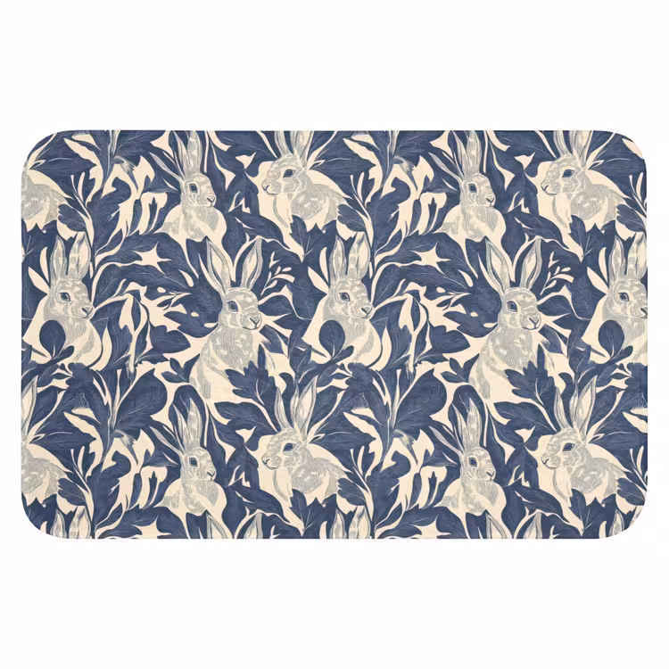 Hazen - Bladeren - Patroon - Blauw - Beige Badmat klein 997 -3d