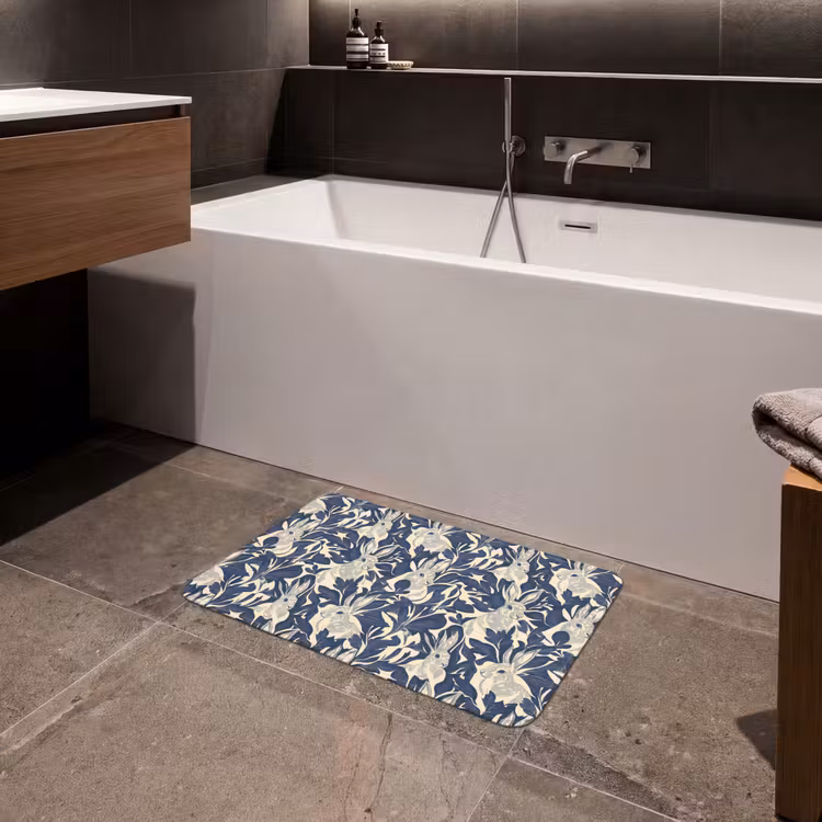 Hazen - Bladeren - Patroon - Blauw - Beige Badmat klein 997 -sfeer3