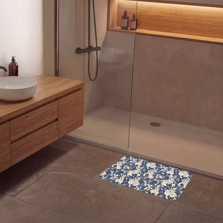 Hazen - Bladeren - Patroon - Blauw - Beige Badmat klein 997 -sfeer2