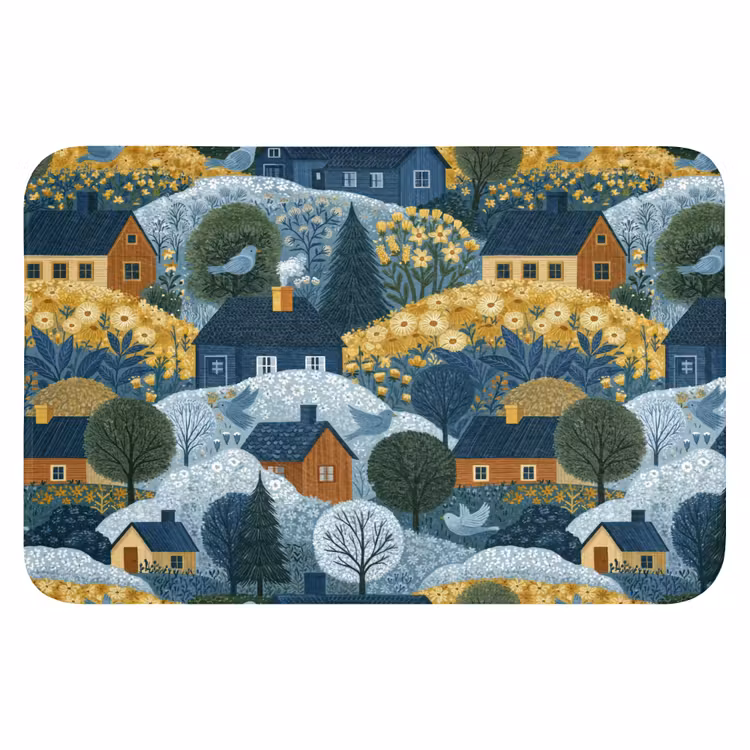 Huisjes - Bloemen - Patroon - Geel - Blauw Badmat klein 997 -3d