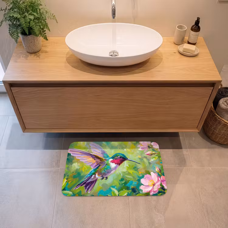 Kolibrie - Bloemen - Natuur - Kleurrijk Badmat klein -sfeer1