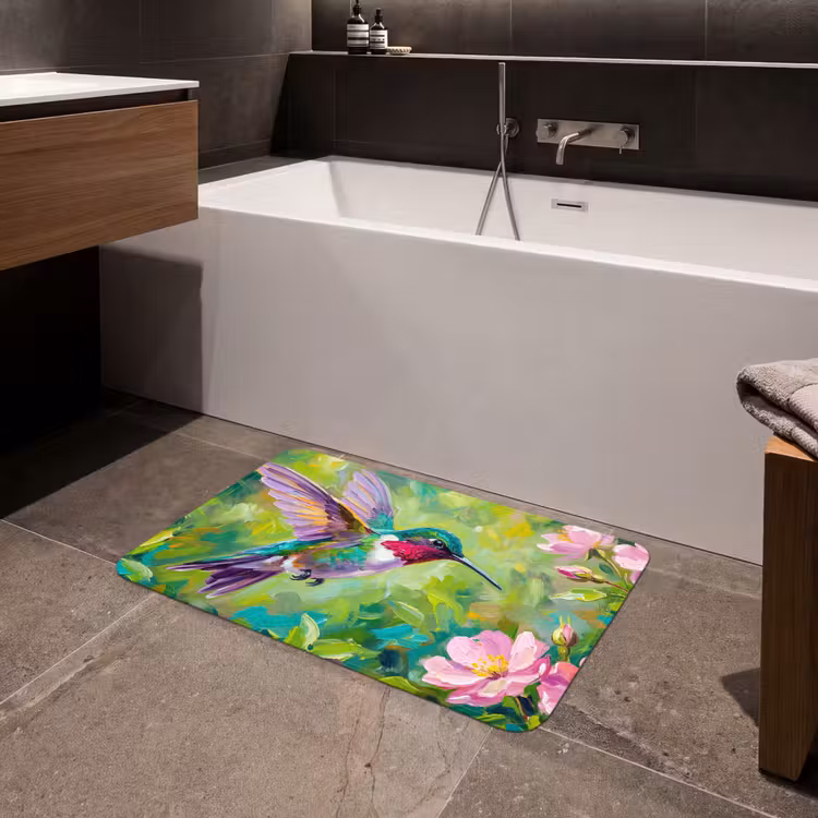 Kolibrie - Bloemen - Natuur - Kleurrijk Badmat klein -sfeer3