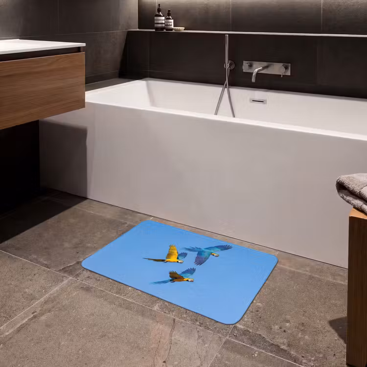 Papagaai - Vliegen - Blauw - Geel Badmat klein -sfeer3