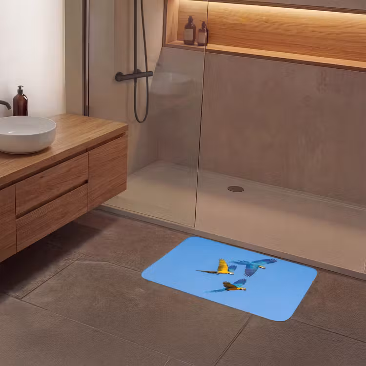 Papagaai - Vliegen - Blauw - Geel Badmat klein -sfeer2