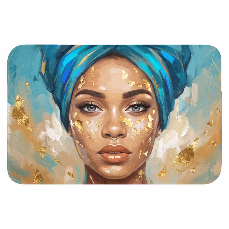 Portret - Vrouw - Schilderij - Blauw - Goud - Expressief Badmat klein -3d