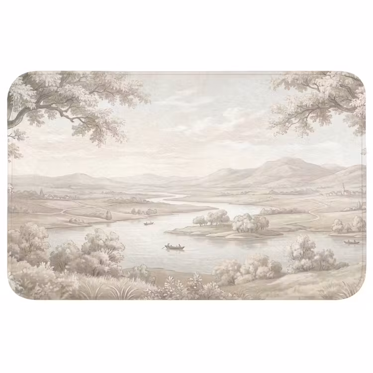 Rivierlandschap - Bergen - Natuur - Vintage - Beige Badmat middel -3d