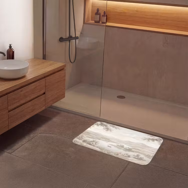 Rivierlandschap - Bergen - Natuur - Vintage - Beige Badmat middel -sfeer2