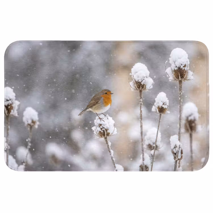 Roodborstje - Gedroogde bloem - Sneeuw - Winter - Vertederend Badmat middel -3d