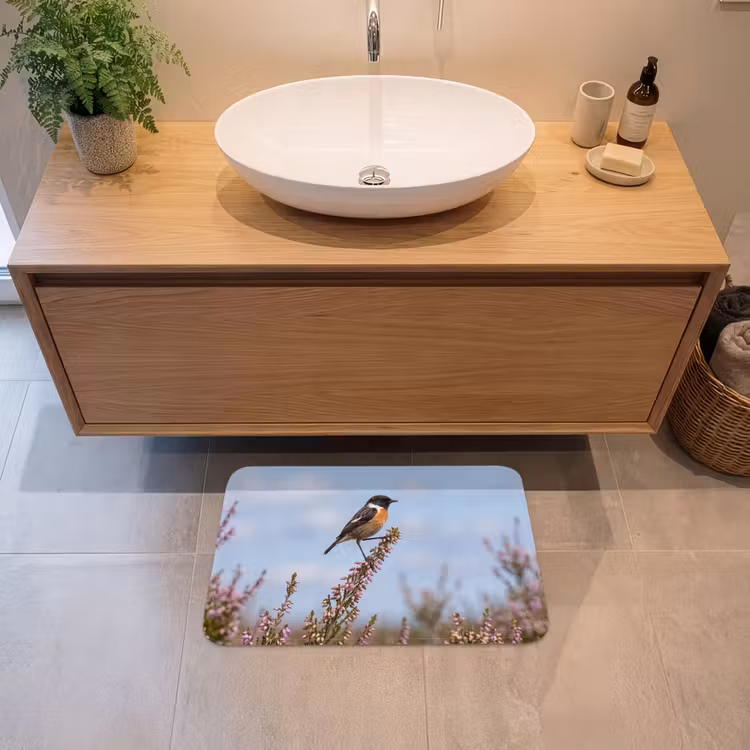Roodborsttapuit - Heide - Paars - Natuur - Sfeervol Badmat klein -sfeer1