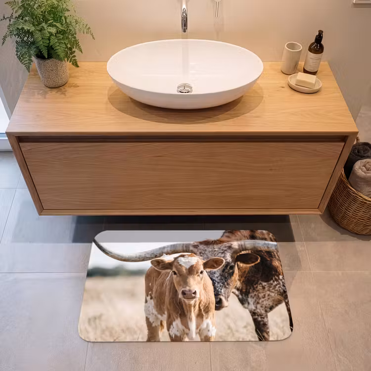 Texas Longhorn - Kalf - Weide - Dieren Badmat middel -sfeer1