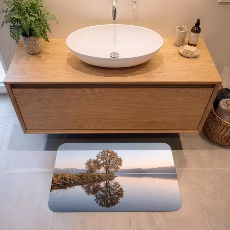 Bomen - Reflectie - Water - Zonsopgang - Serene Badmat middel -sfeer1