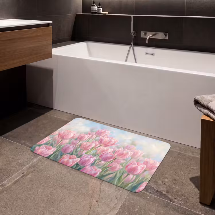 Tulpen - Veld - Lente - Roze Badmat klein -sfeer3