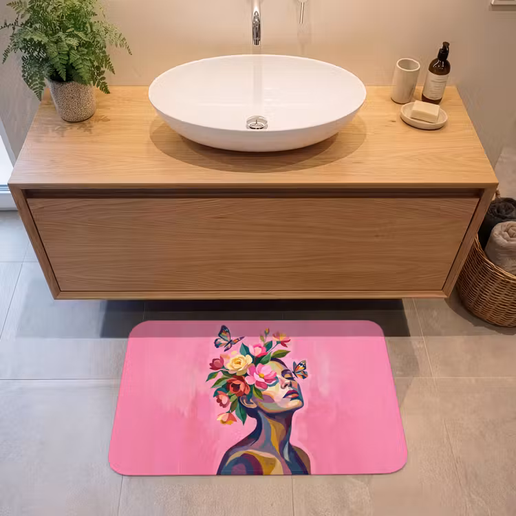Vrouwengezicht - Vlinders - Kleurrijk Badmat klein -sfeer1