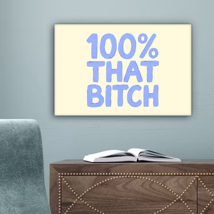 100% that bitch - Blauw - Wit canvas 2cm klein -sfeer4