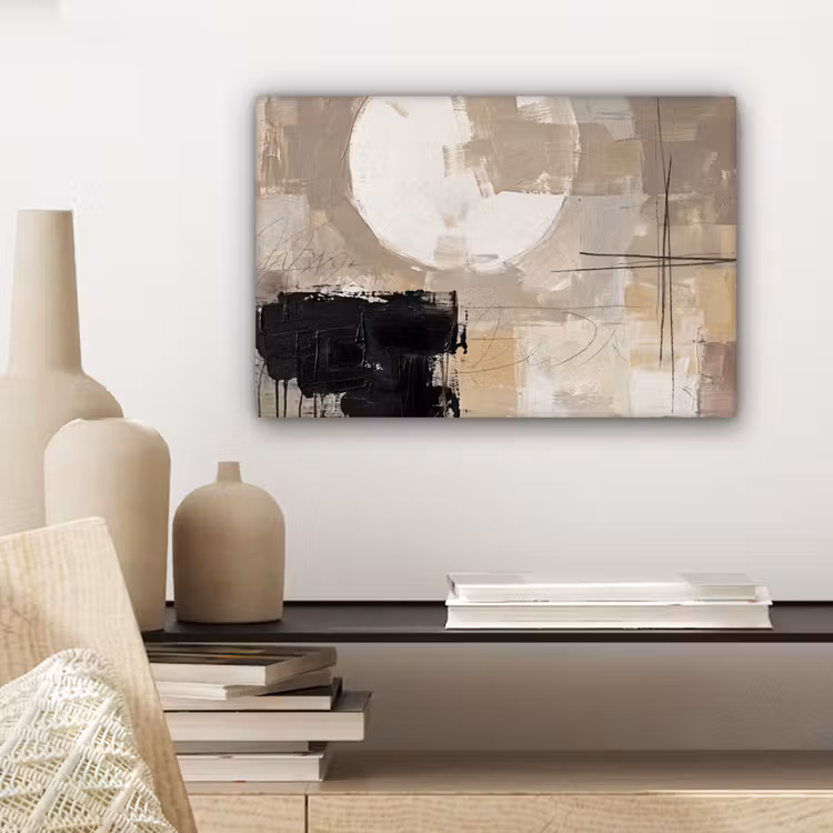 Abstract - Cirkel - Modern - Beige - Zwart - Minimalistisch canvas 2cm klein -sfeer6