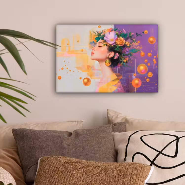 Abstract - Vrouw - Bloemenkroon - Goud canvas 2cm klein -sfeer1