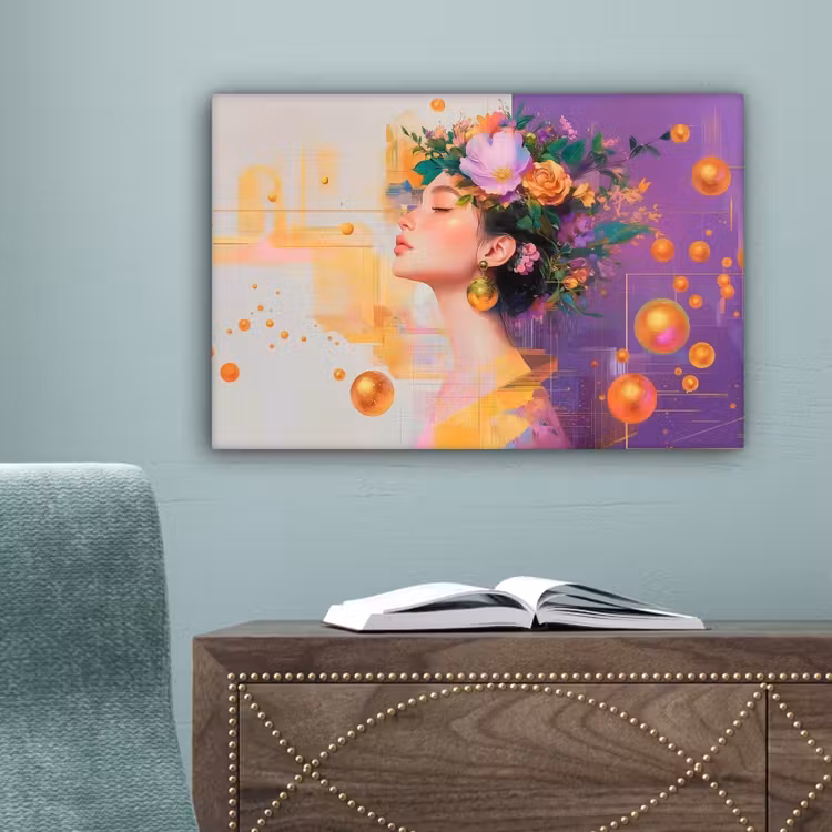Abstract - Vrouw - Bloemenkroon - Goud canvas 2cm klein -sfeer4