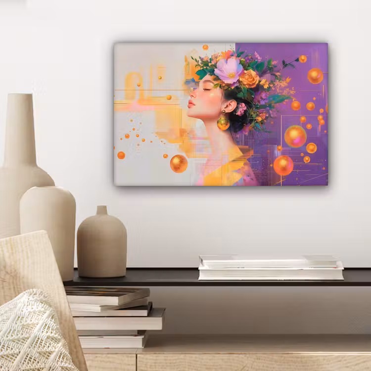 Abstract - Vrouw - Bloemenkroon - Goud canvas 2cm klein -sfeer6