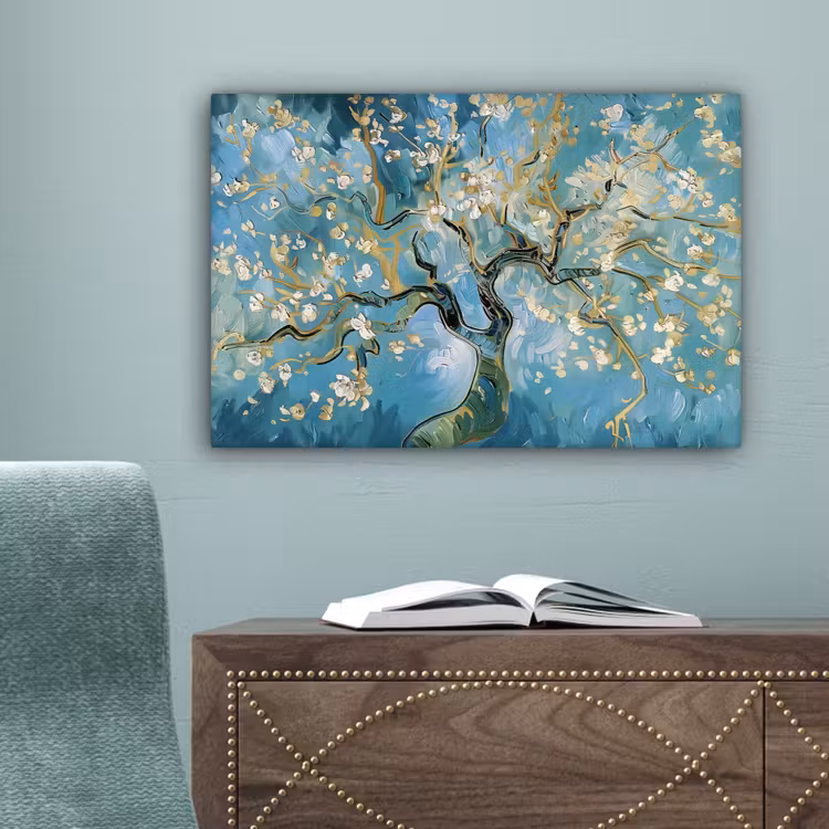 Amandelbloesem boom - Blauw - Abstract canvas 2cm klein -sfeer4