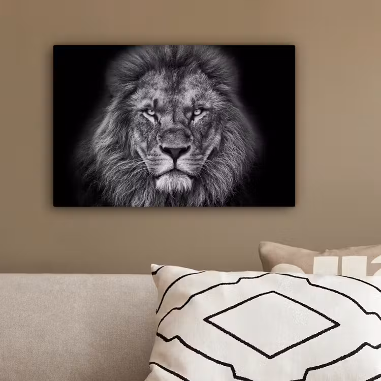 Dieren - Leeuw - Zwart - Wit - Portret canvas 2cm klein -sfeer3