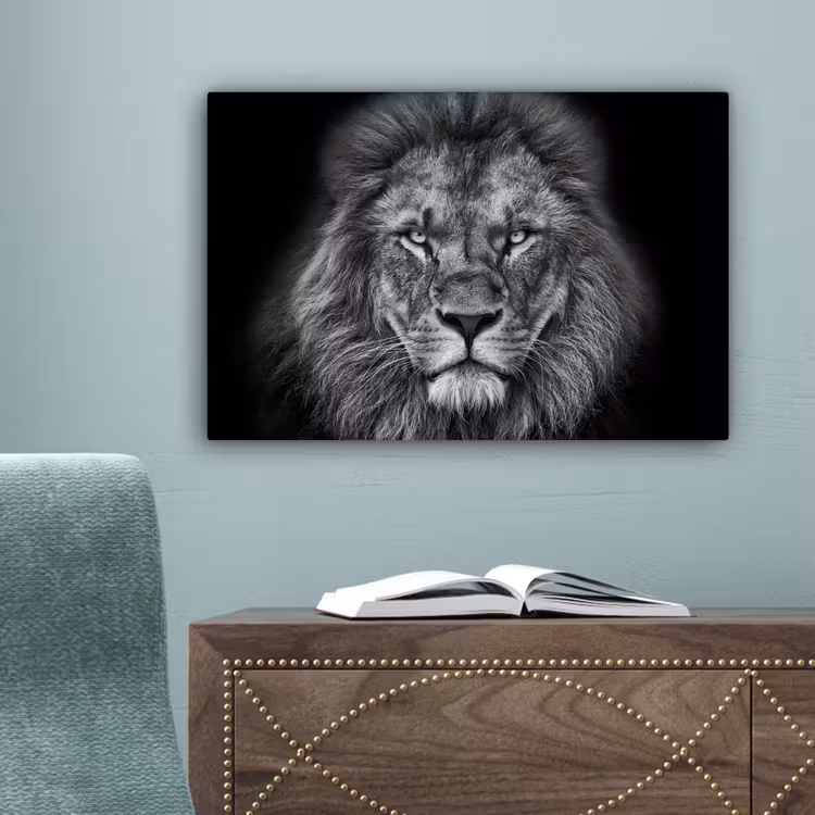 Dieren - Leeuw - Zwart - Wit - Portret canvas 2cm klein -sfeer4