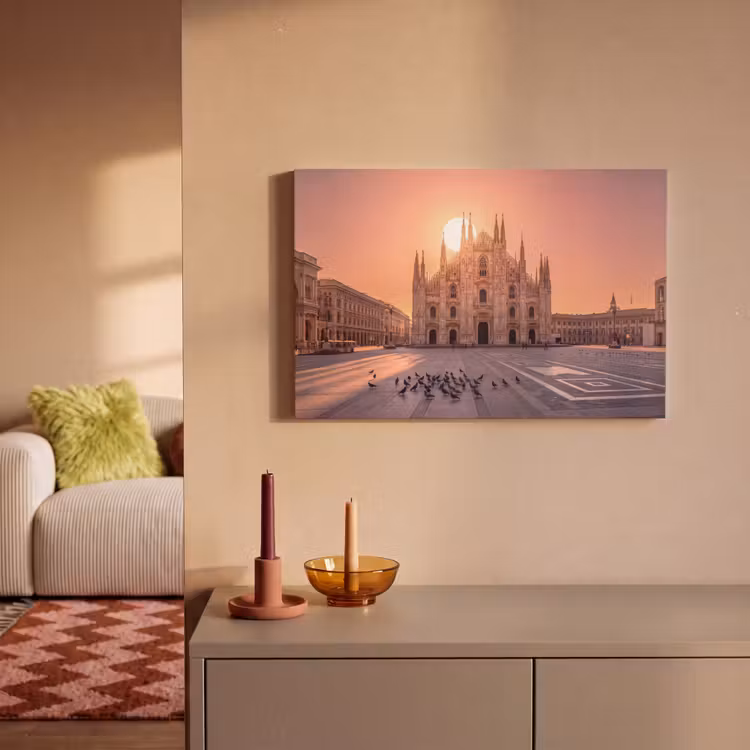 Architectuur - Milaan - Plein - Zonsopgang - Oranje canvas 2cm klein -sfeer1