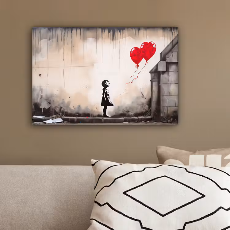 Kunst - Meisje - Ballonnen - Hart - Grijs canvas 2cm klein -sfeer3