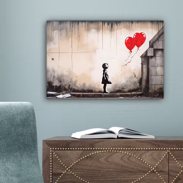 Kunst - Meisje - Ballonnen - Hart - Grijs canvas 2cm klein -sfeer4