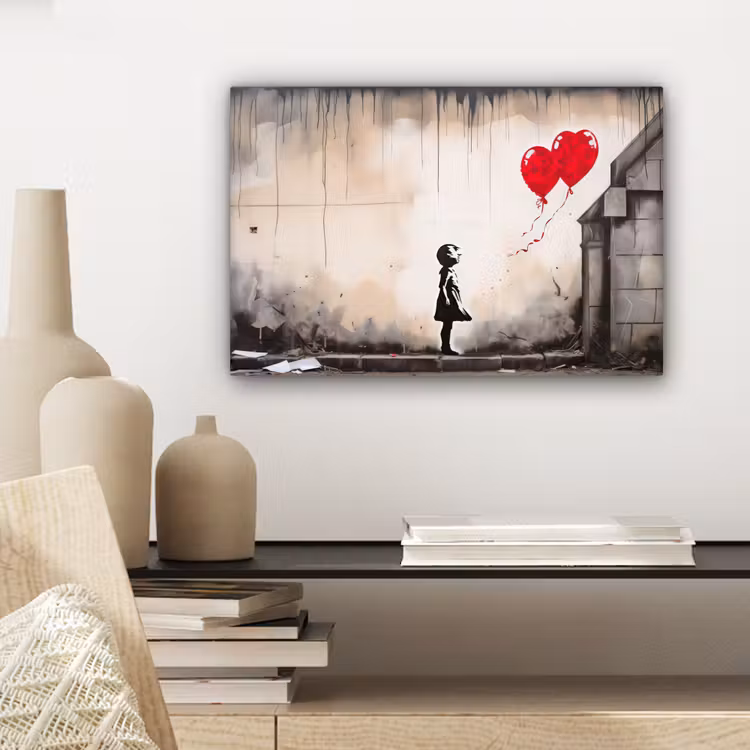 Kunst - Meisje - Ballonnen - Hart - Grijs canvas 2cm klein -sfeer6