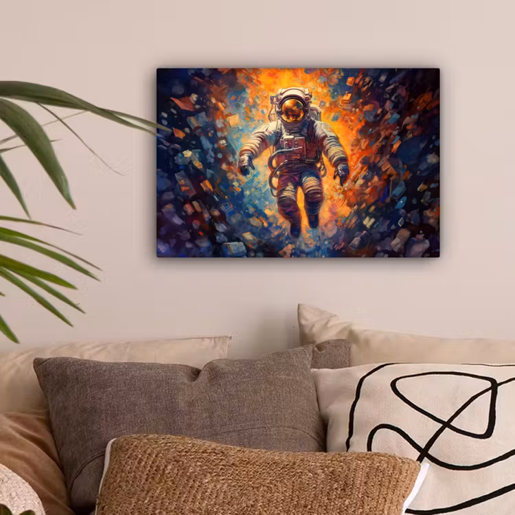 Astronaut - Neon - Oranje - Ruimte canvas 2cm klein -sfeer1