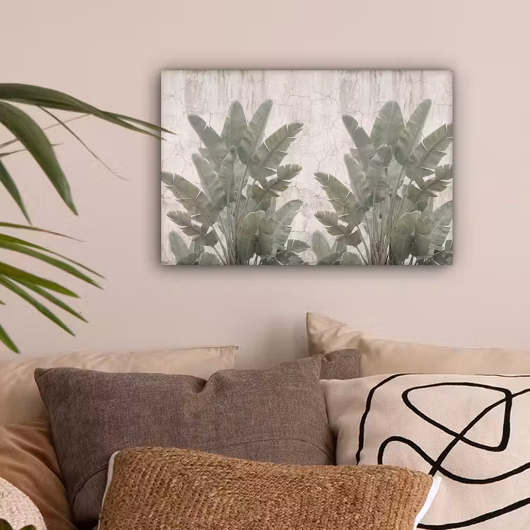 Bananenbladeren - Beton - Groen canvas 2cm klein -sfeer1