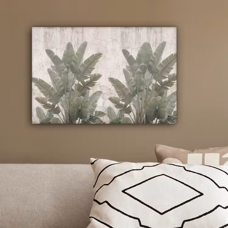 Bananenbladeren - Beton - Groen canvas 2cm klein -sfeer3