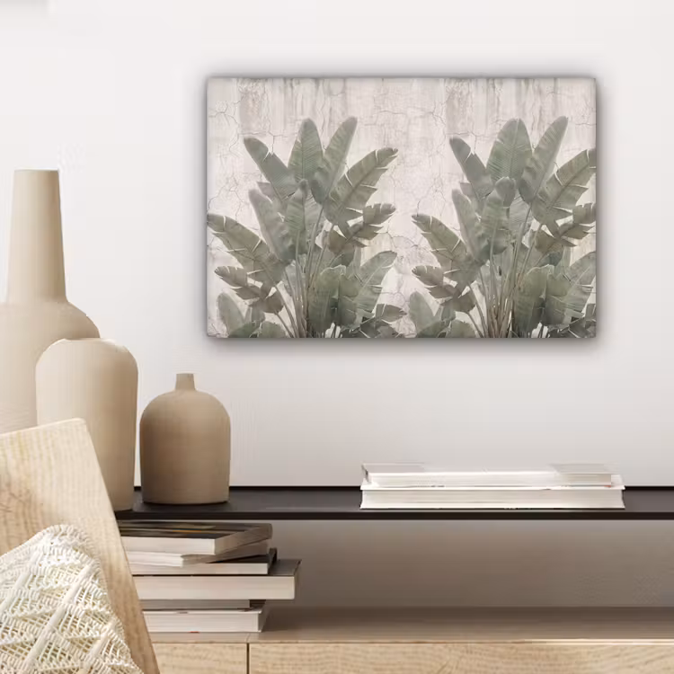 Bananenbladeren - Beton - Groen canvas 2cm klein -sfeer6
