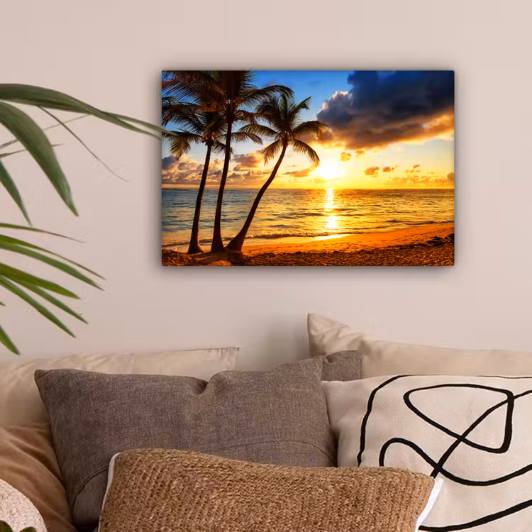 Strand - Horizon - Zonsondergang - Palmboom - Zee canvas 2cm klein -sfeer1