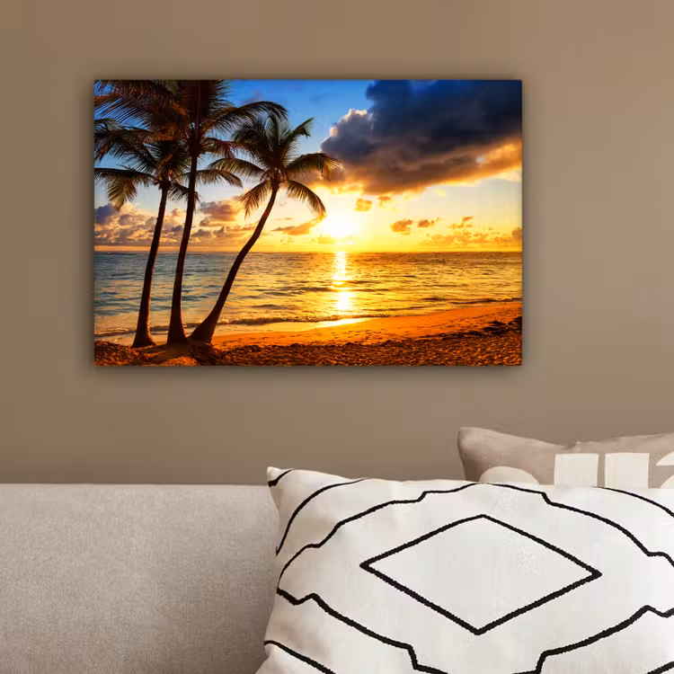 Strand - Horizon - Zonsondergang - Palmboom - Zee canvas 2cm klein -sfeer3