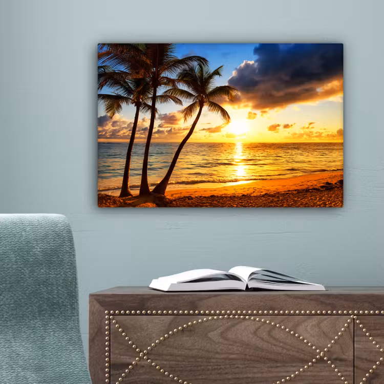 Strand - Horizon - Zonsondergang - Palmboom - Zee canvas 2cm klein -sfeer4