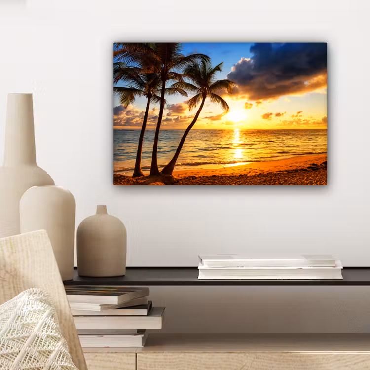 Strand - Horizon - Zonsondergang - Palmboom - Zee canvas 2cm klein -sfeer6