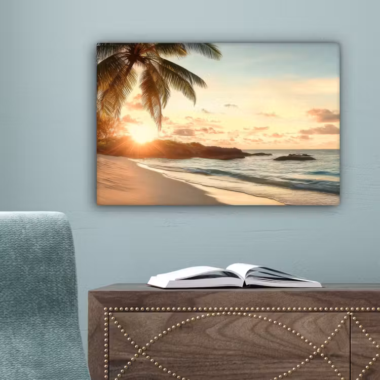 Strand - Palmbomen - Oceaan - Zonsondergang canvas 2cm klein -sfeer4