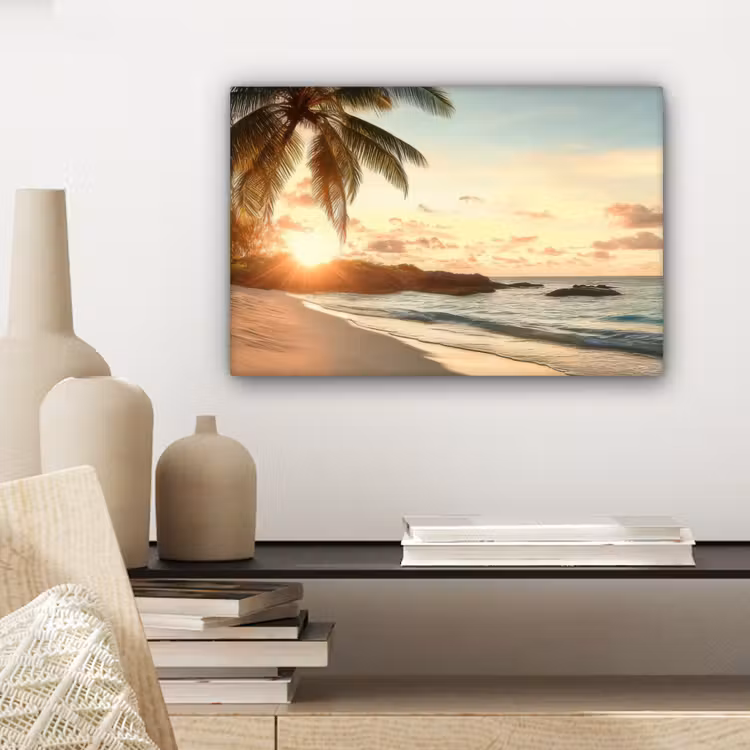 Strand - Palmbomen - Oceaan - Zonsondergang canvas 2cm klein -sfeer6