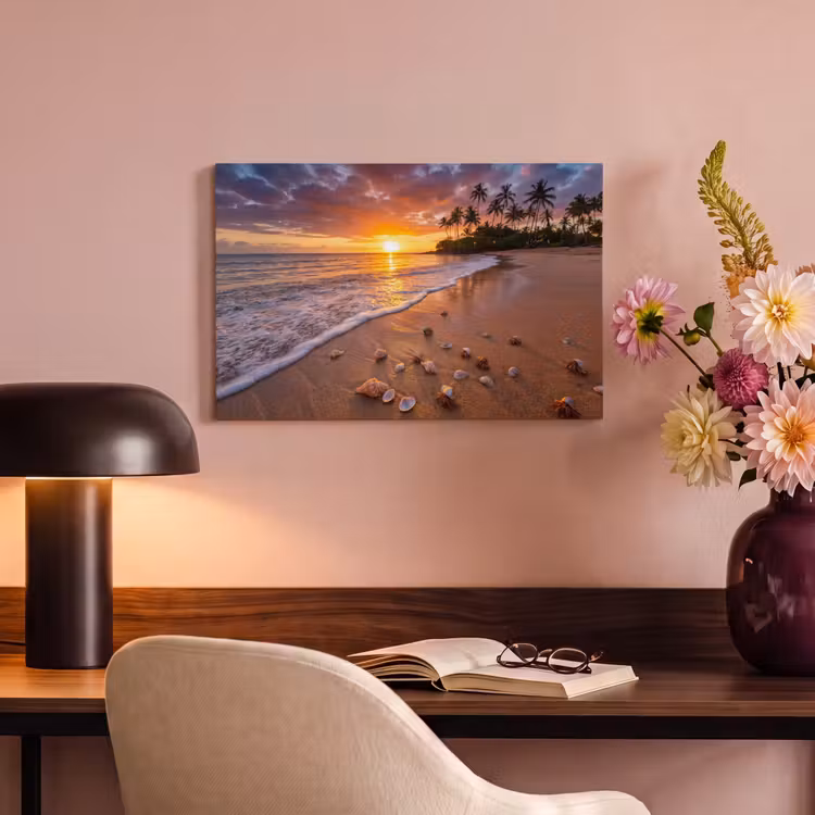 Strand - Zonsondergang - Palmbomen - Natuur - Oranje canvas 2cm klein -sfeer4